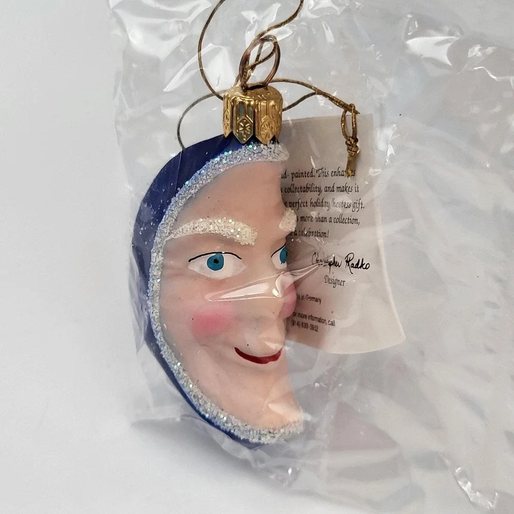 Christopher Radko Crescent Moon Glass Christmas Ornament Man Face Blue